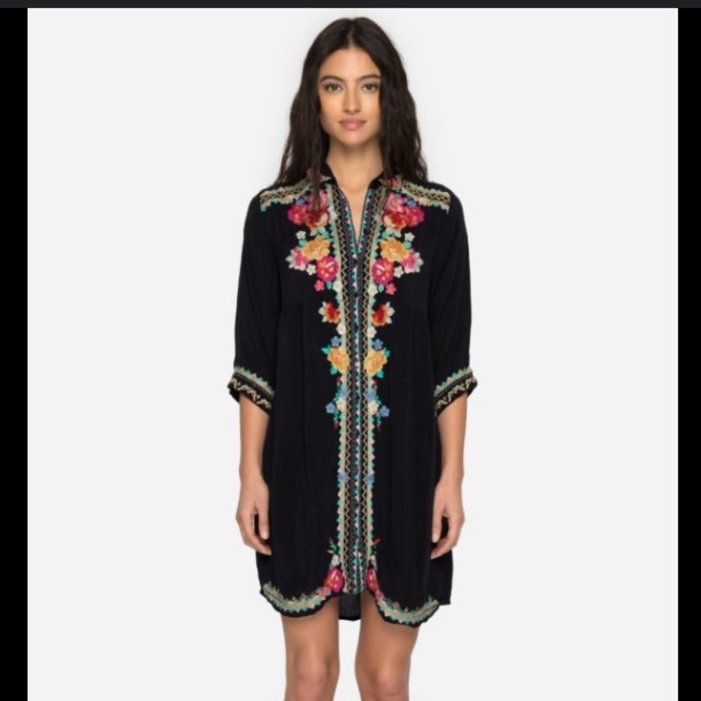 Johnny Was Embroidered Black Caftan Tunic Dress